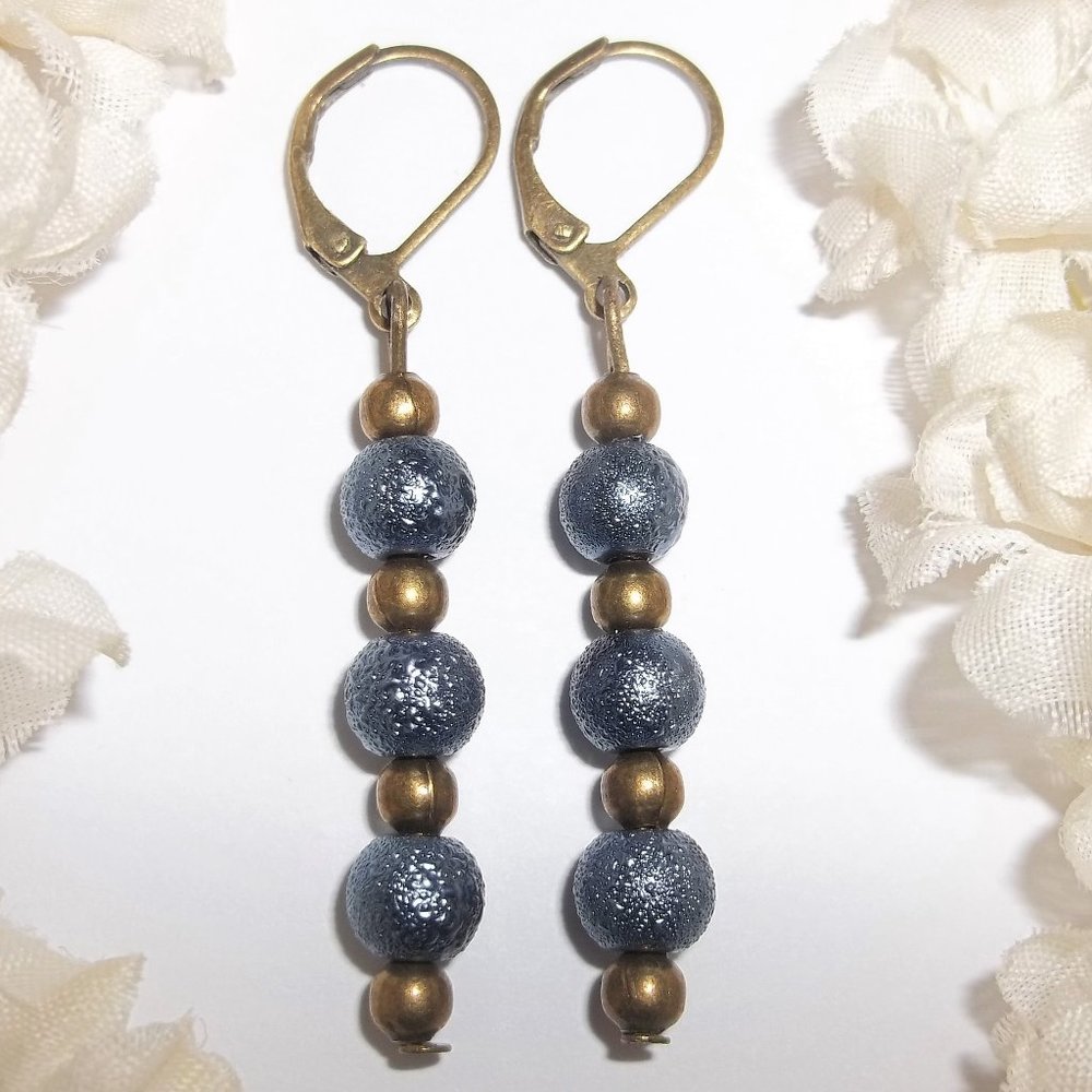 Earring, Blue Earrings, Pearl Earrings, Blue and Bronze Earrings, Earrings A355